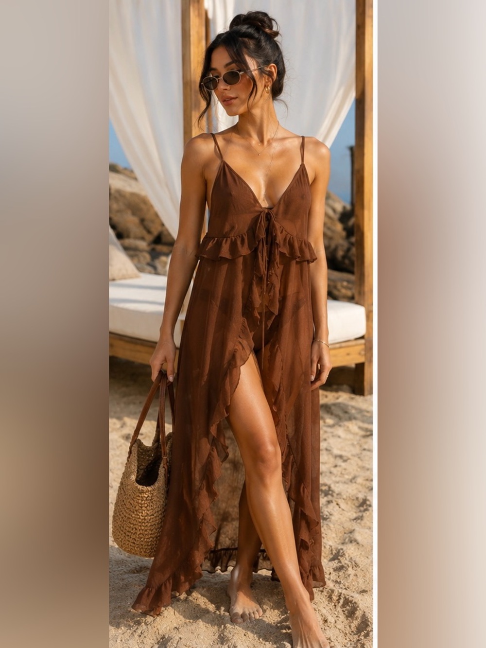 Brown Ruffled Beach Maxi Dress - Women